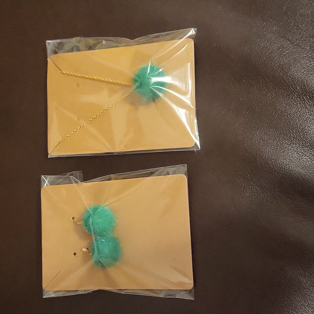 Matching Green Pom Earrings and Necklace Set